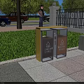 Outdoor Garden Decor With Yellow And Brown Double Trash Bins On Lawn And Pavement