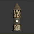 Medieval Style Tower With Conical Roof Stone Walls Wooden Frames And Small Windows