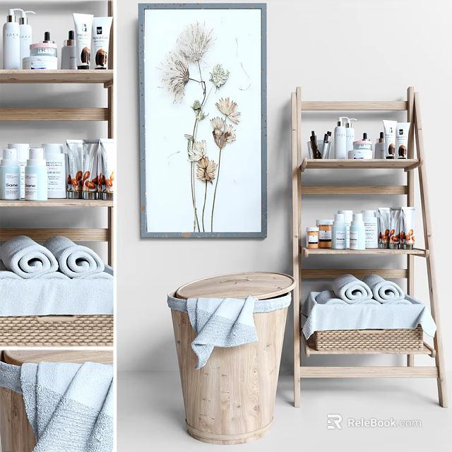 Stylish Organized Bathroom Accessories With Rolled Towels Wooden Ladder Shelf And Wicker Baskets Toiletries 3d model 