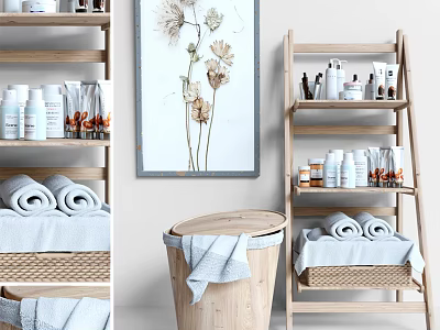 Stylish Organized Bathroom Accessories With Rolled Towels Wooden Ladder Shelf And Wicker Baskets Toiletries 3d model