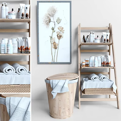 Stylish Organized Bathroom Accessories With Rolled Towels Wooden Ladder Shelf And Wicker Baskets Toiletries 3d model