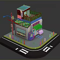 Small Street Shop Building With Green Roof Red Balcony Striped Awning Street Lamp And Bollards