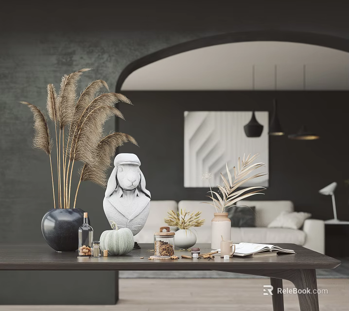 Modern Living Room Decorative Ornament Combination With Bust Reed Palm Leaves On Wooden Table 3d model 