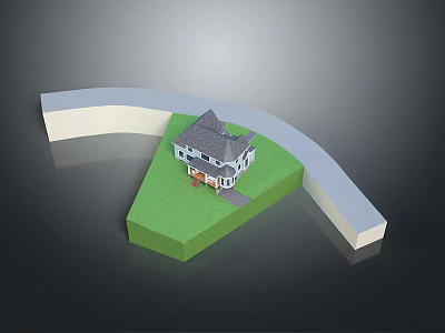 Detached House With Gray Roof White Walls And Green Lawn Surrounded By Curved Pathway 3d model