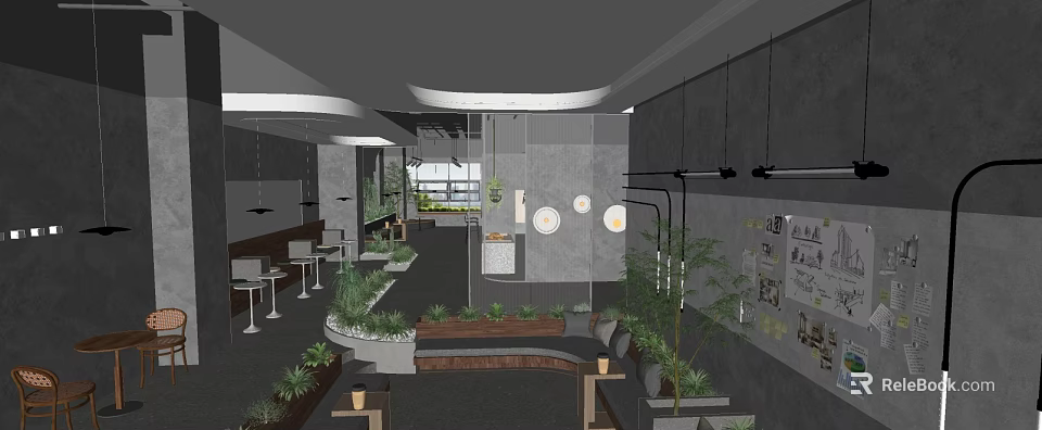 Modern Lounge Area With Greenery Seating Tables Wall Decor And Open Layout 3d model