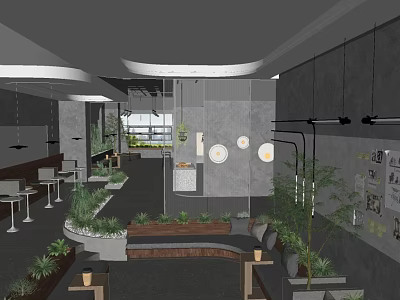 Modern Lounge Area With Greenery Seating Tables Wall Decor And Open Layout 3d model