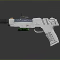 Futuristic Sci Fi Handgun With White Body Blue Accents Green Lights And Scope
