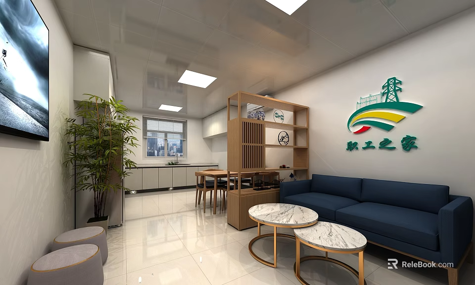Comfortable Staff Lounge Area With Blue Sofa Marble Coffee Tables And Wooden Bookshelf 3d model 