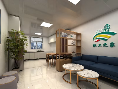 Comfortable Staff Lounge Area With Blue Sofa Marble Coffee Tables And Wooden Bookshelf 3d model