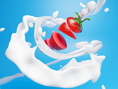 Refreshing Strawberry Milk Drink With Splashing Milk And Red Strawberry Slices On Blue Background 3d model