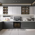 Modern Gray Kitchen Interior With Built in Oven Tile Backsplash And Appliances 3d model
