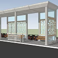 Traditional Pattern Glass Window Bus Stop With Roofed Structure Benches And Trash Bins