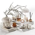 Modern Decorative Ornaments Set with White Vase Twigs Candles Books and Fragrance Diffusers