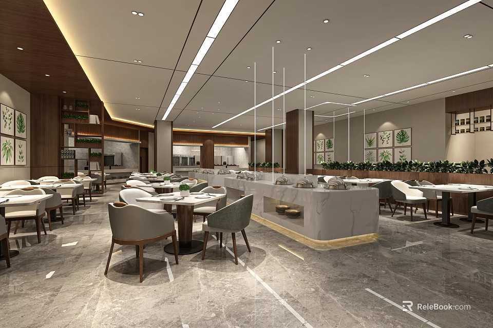 Modern Restaurant Interior Featuring Tables Chairs Marble Flooring Open Counter And Ceiling Light Strips 3d model