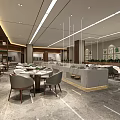 Modern Restaurant Interior Featuring Tables Chairs Marble Flooring Open Counter And Ceiling Light Strips