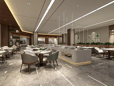 Modern Restaurant Interior Featuring Tables Chairs Marble Flooring Open Counter And Ceiling Light Strips 3d model
