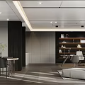 Modern Office Interior Design With Desk Chair Potted Plant Windows And Curtains