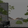 Traditional Japanese Courtyard Garden With Stone Lantern Pine Trees And Dry Landscape Gravel