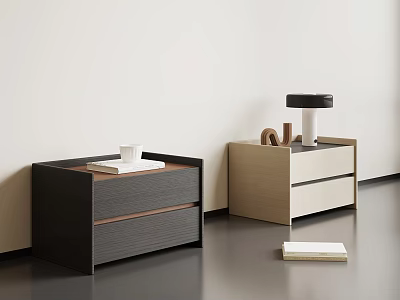 Modern Bedside Nightstands Design With Black Beige Wooden Drawers White Cup Books And Lamp 3d model