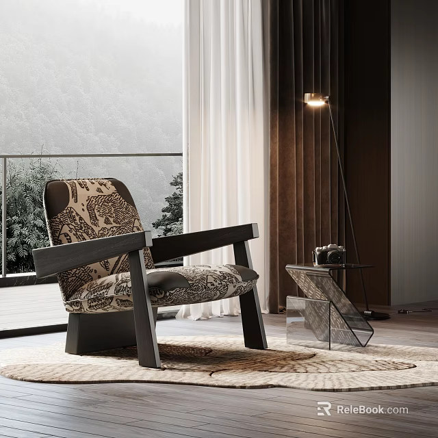 Accent Chair With Patterned Upholstery Wooden Arms Floor Lamp And Side Table On Area Rug 3d model 