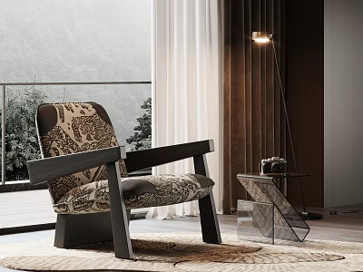 Accent Chair With Patterned Upholstery Wooden Arms Floor Lamp And Side Table On Area Rug 3d model