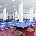 Indoor Table Tennis Fitness Court With DHS Tables Blue Barriers And Sports Silhouettes