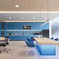 Modern Break Room Interior With Blue Cabinets Wooden Counter And Seating Area