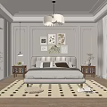 Elegant Modern Bedroom Interior With King Bed Wall Art Pendant Light And Rug