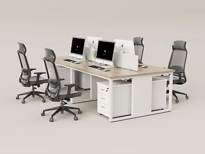 Modern Office Desk With Multiple Computer Monitors Ergonomic Office Chairs And White Storage Cabinet 3d model