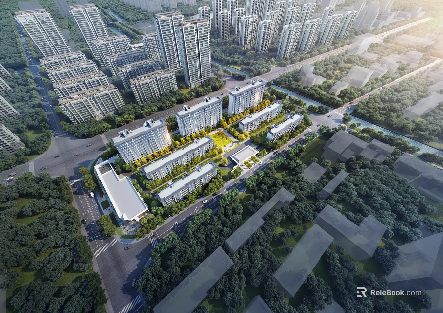 Aerial Planning of Urban Area with High rise Buildings Residential Complexes Roads Greenery and Rivers 3d model 