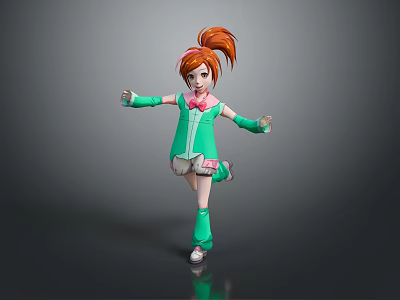 3D Anime Girl Character With Red Ponytail Green Outfit Pink Bow Green Gloves Dancing Pose 3d model