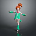 3D Anime Girl Character With Red Ponytail Green Outfit Pink Bow Green Gloves Dancing Pose