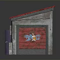 Small Building Structure With Red Roof Purple Door Graffiti On Walls And Red Roller Shutter