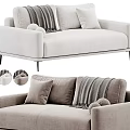 Modern Two Seater Sofa in Light Beige Fabric with Plush Pillows Throw Blanket and Metal Legs