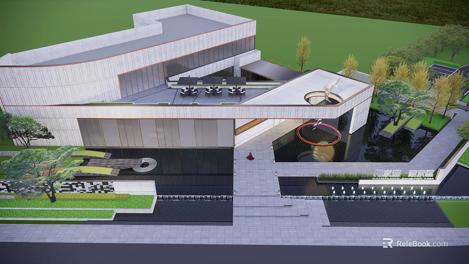 Modern Building Exterior Wall With Glass Facade Stone Material And Water Feature Landscaping 3d model 
