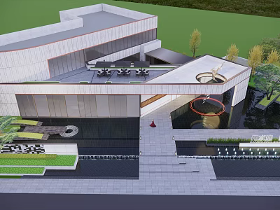 Modern Building Exterior Wall With Glass Facade Stone Material And Water Feature Landscaping 3d model
