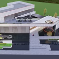 Modern Building Exterior Wall With Glass Facade Stone Material And Water Feature Landscaping