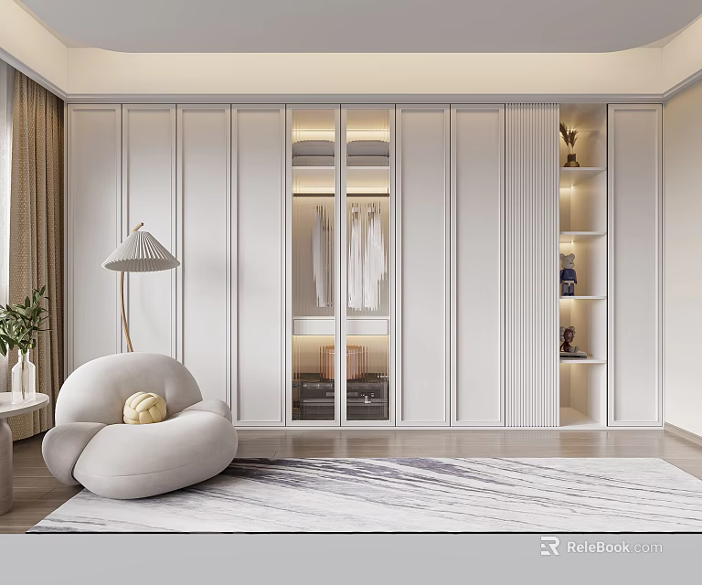 Modern White Wardrobe Design With Glass Doors And Built in Storage Shelves 3d model 