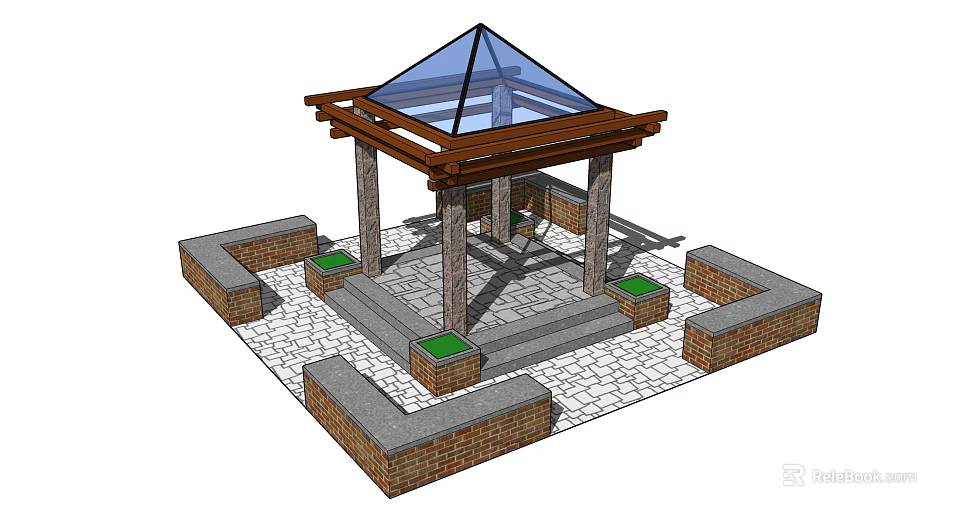 Outdoor Pavilion Featuring Glass Roof Wooden Frame Brick Stone Seats And Stone Slab Floor 3d model 
