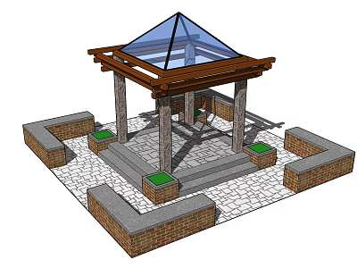 Outdoor Pavilion Featuring Glass Roof Wooden Frame Brick Stone Seats And Stone Slab Floor 3d model