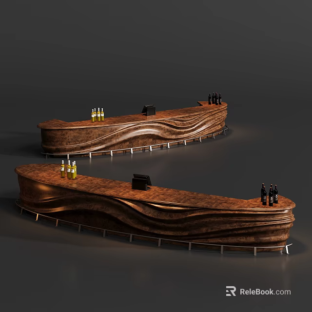 Wooden Bar Counter with Curved Wave Design and Wine Bottles on Top in Modern Interior 3d model 