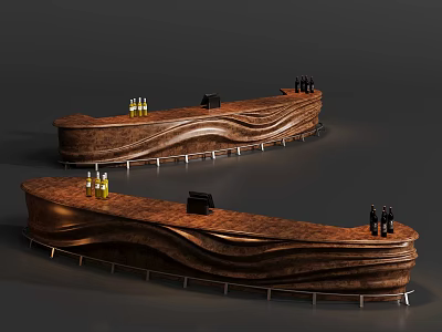 Wooden Bar Counter with Curved Wave Design and Wine Bottles on Top in Modern Interior 3d model