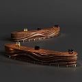 Wooden Bar Counter with Curved Wave Design and Wine Bottles on Top in Modern Interior