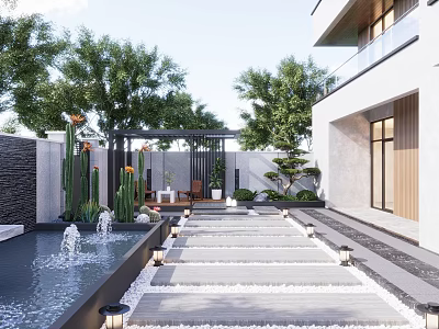 Modern Courtyard Water Fountain With Stone Pathway Cacti Trees And Lantern Lights 3d model