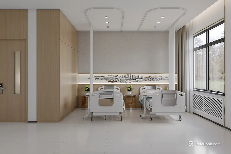 Modern Hospital Ward Interior With Two Beds Wooden Cabinets Windows Wall Decor And White Flooring 3d model 