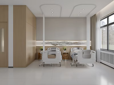 Modern Hospital Ward Interior With Two Beds Wooden Cabinets Windows Wall Decor And White Flooring 3d model