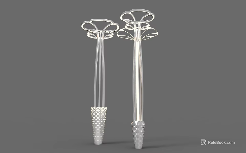 Two Modern Outdoor Lights With Tall Slim Poles Umbrella Shaped Tops And Textured Bases 3d model 