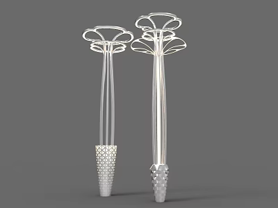 Two Modern Outdoor Lights With Tall Slim Poles Umbrella Shaped Tops And Textured Bases 3d model