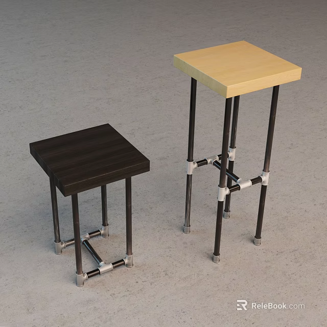 Two Modern Bar Stools With Square Dark Brown And Light Wood Seats And Metal Frames 3d model 