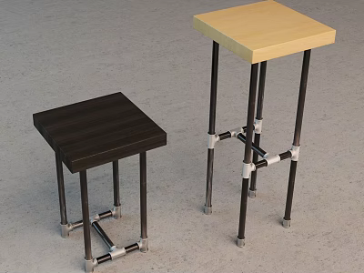 Two Modern Bar Stools With Square Dark Brown And Light Wood Seats And Metal Frames 3d model